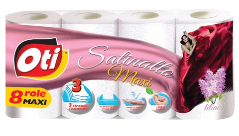 Hârtie igienică Satinatto Maxi, Liliac, 3 straturi, 8 role mari, 19m, 150foi - pentru toalete, bai, etc.